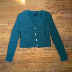 Art Class Teal Green Fuzzy Knit Cardigan Cropped Sweater Button Down Long Sleeve